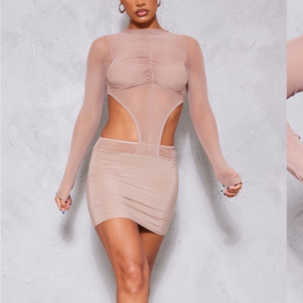 Pretty Little Thing Mesh Cut Out Ruched Long Sleeve Bodycon Dress